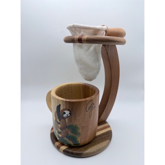 Handmade Other - Costa Rica Handcrafted Wooden Sloth Coffee Maker Chorreador Stand and Mug Set